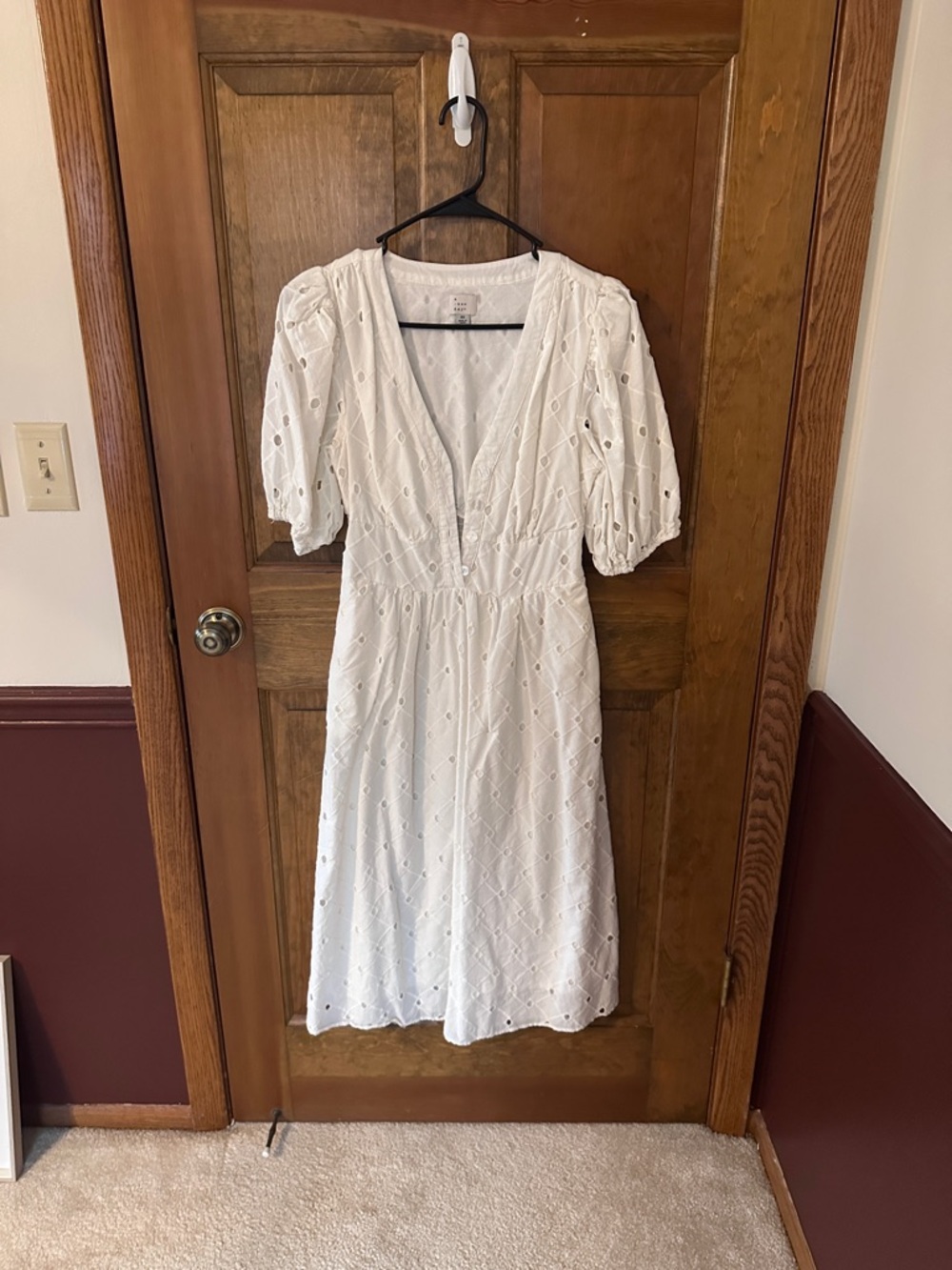 a new day White Eyelet V-Neck Midi Dress with Puff Sleeves
